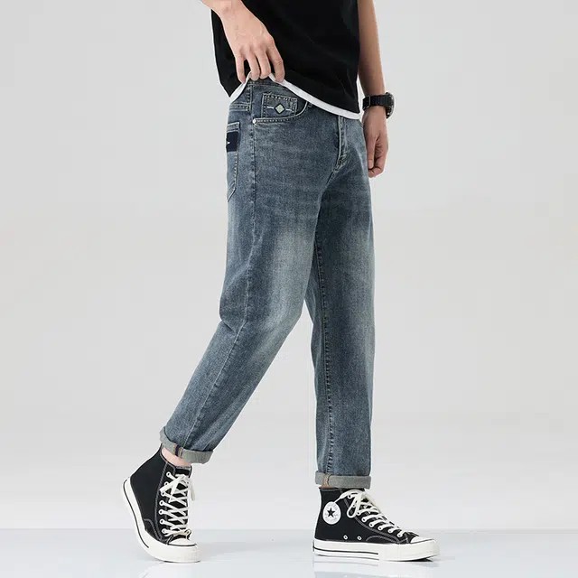 雅鹿 复古水洗做旧美式宽松直筒休闲牛仔裤 男款 深蓝