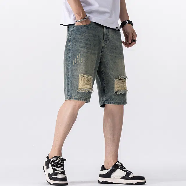 雅鹿 做旧嘻哈街头破洞时尚潮流宽松百搭五分裤牛仔短裤 男款 黄泥蓝