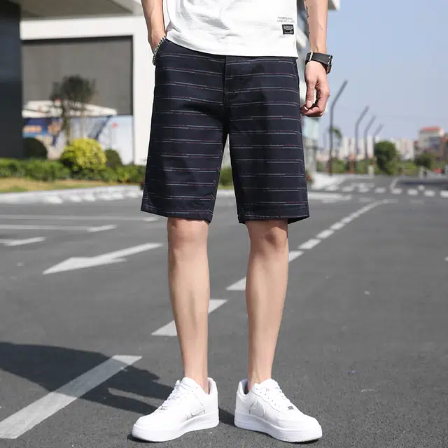 雅鹿 条纹纯棉百搭薄款宽松中腰潮牌简约沙滩裤运动五分休闲短裤 男款