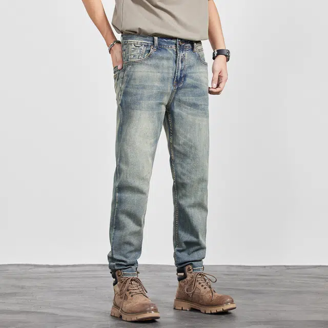 雅鹿 复古浅色宽松休闲弹力直筒怀旧牛仔裤 男款 黄泥蓝