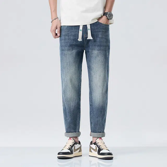 雅鹿 复古宽松水洗潮流哈伦系带牛仔裤 男款 蓝灰