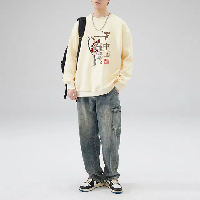 雅鹿 国风宽松圆领长袖国潮衣服落肩卫衣 男款