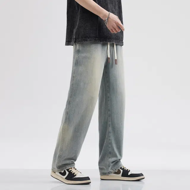 雅鹿 复古水洗做旧直筒休闲百搭宽松抽绳牛仔裤 男款 浅黄泥