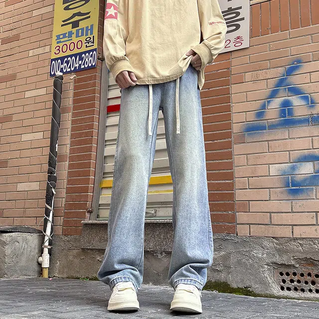 雅鹿 宽松阔腿水洗耐磨美式复古微喇牛仔裤 男款