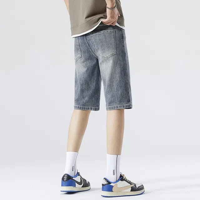 雅鹿 宽松潮牌百搭休闲字母印花水洗耐磨中腰牛仔短裤 男款 蓝色