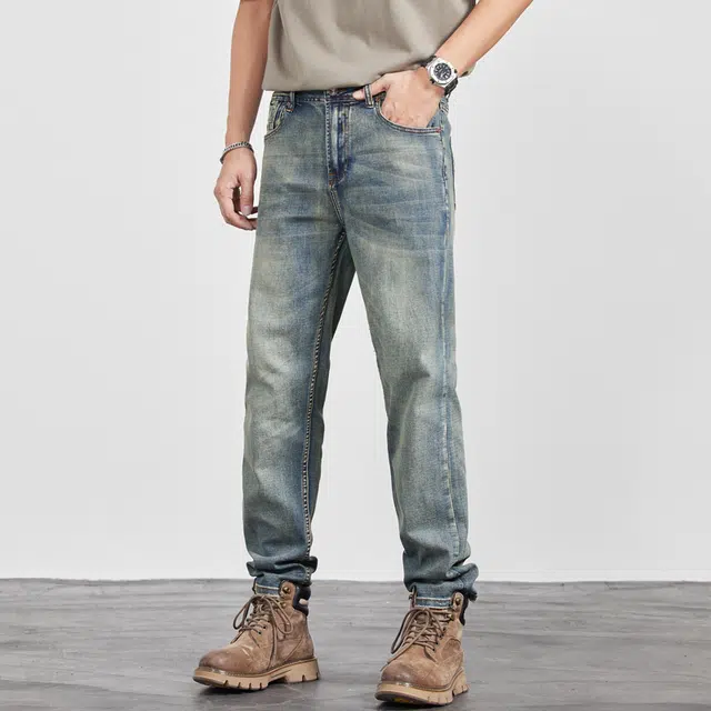 雅鹿 复古浅色宽松休闲弹力直筒怀旧牛仔裤 男款 黄泥蓝