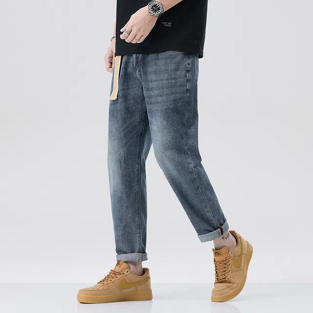 雅鹿 美式复古休闲宽松直筒牛仔裤 男款 蓝色