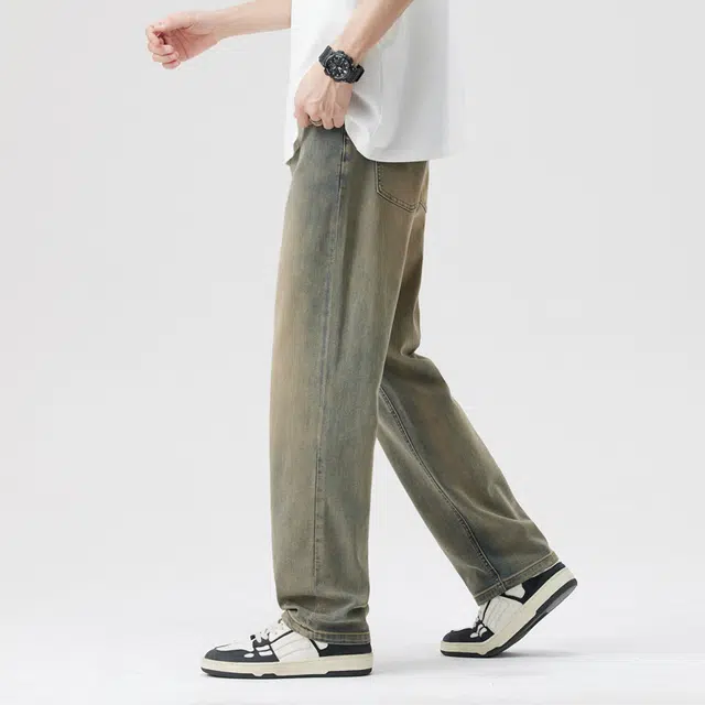 雅鹿 宽松直筒百搭牌中腰水洗耐磨复古做旧牛仔裤 男款 黄泥