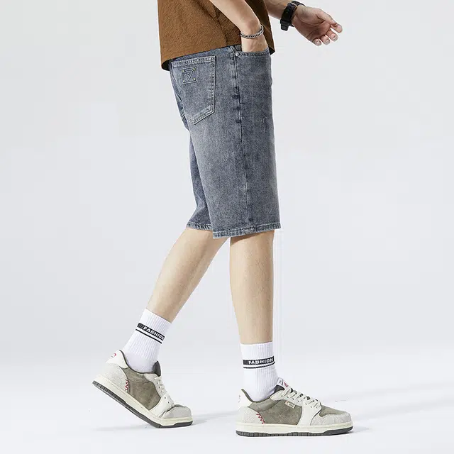 雅鹿 高街美式宽松水洗耐磨休闲五分裤牛仔短裤 男款 蓝色