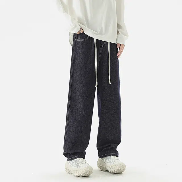 雅鹿 纯色中腰系带简约宽松百搭阔腿牛仔裤 男款 蓝黑