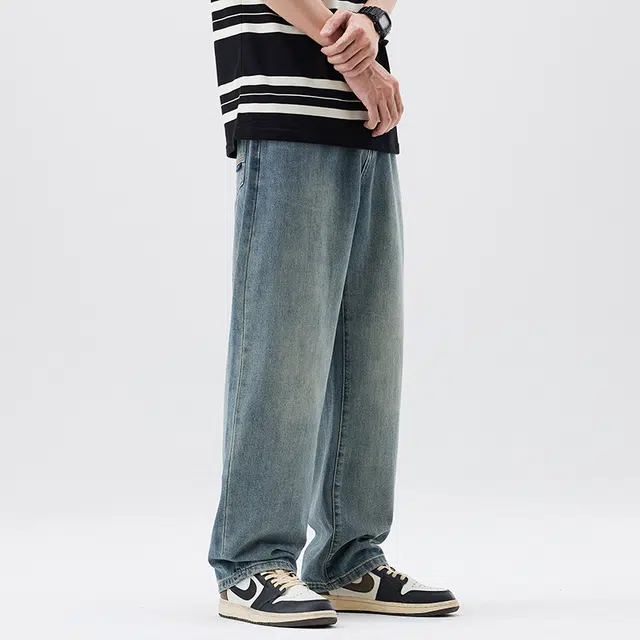 雅鹿 高街美式宽松垂感休闲水洗做旧百搭中腰阔腿牛仔裤 男款 蓝色