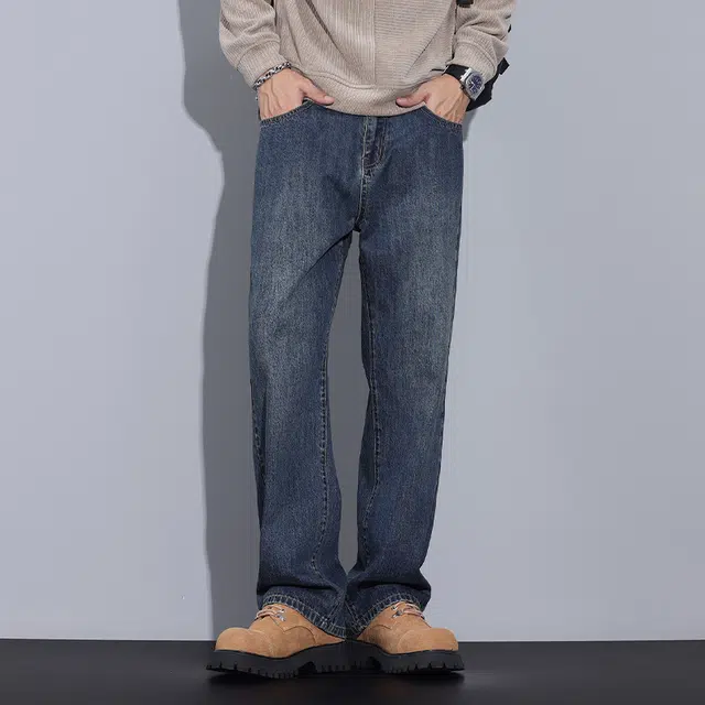 雅鹿 复古阔腿百搭宽松水洗休闲中腰耐磨牛仔裤 男款 深海蓝