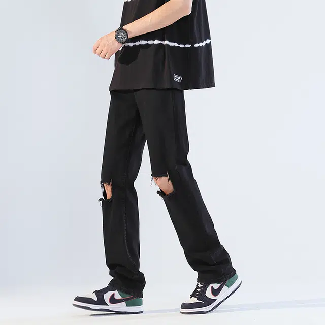 雅鹿 破洞百搭中腰高街水洗直筒修身做旧耐磨牛仔裤 男款 黑色