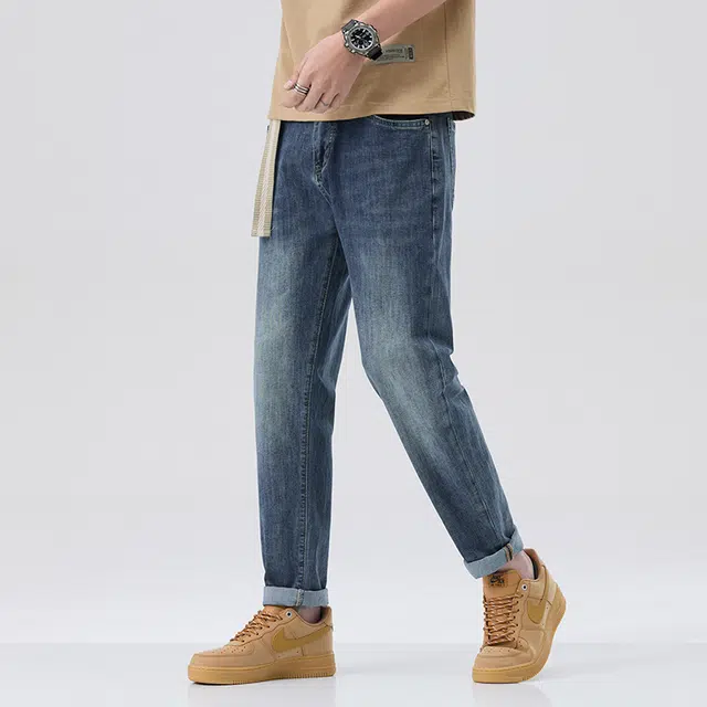 雅鹿 宽松休闲锥形九分中腰牛仔裤 男款 蓝色