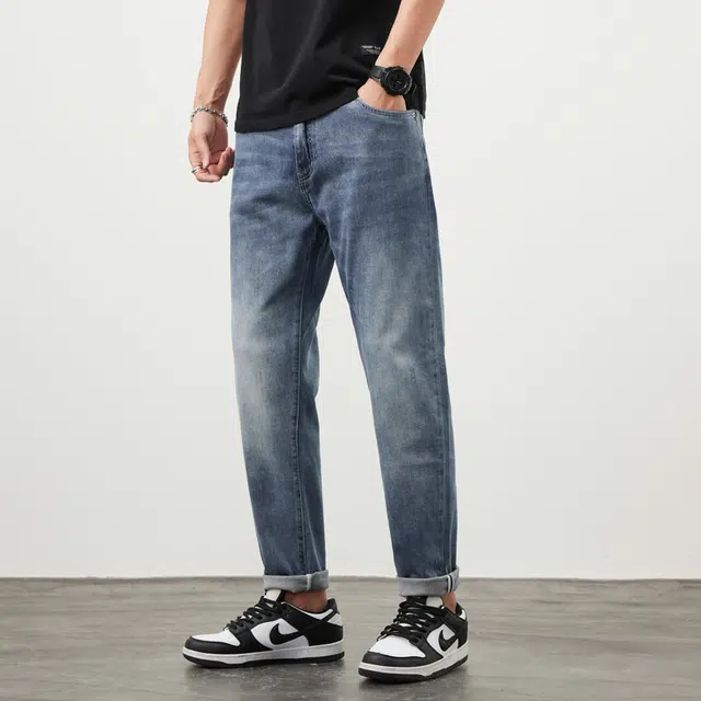 雅鹿 美式复古宽松水洗直筒牛仔裤 男款 浅蓝