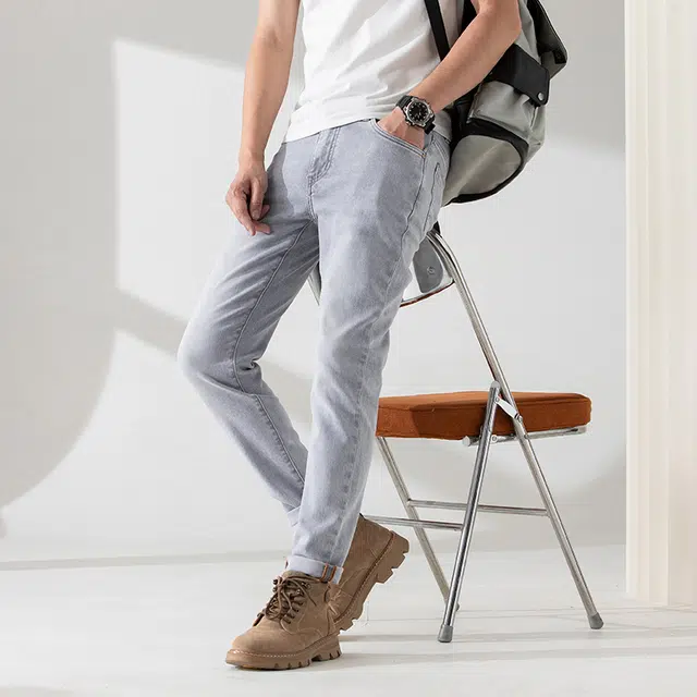 雅鹿 水洗耐磨百搭中腰拉链直筒修身休闲牛仔裤 男款 灰白