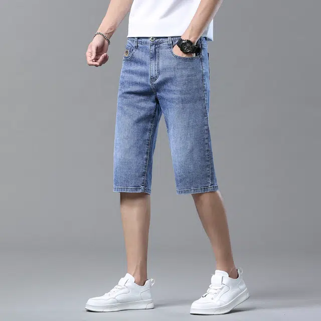 雅鹿 薄款直筒宽松休闲美式潮牌五分水洗耐磨牛仔短裤 男款 磨白蓝
