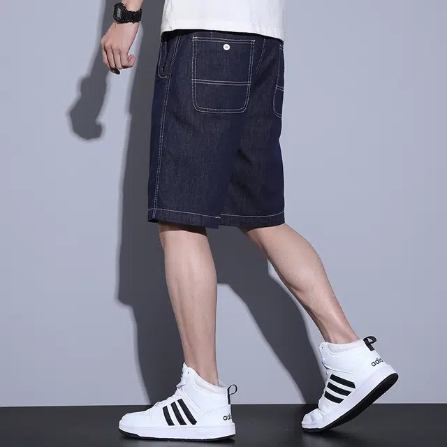 雅鹿 纯色简约潮牌中腰系带宽松百搭时尚五分牛仔短裤 男款 蓝色