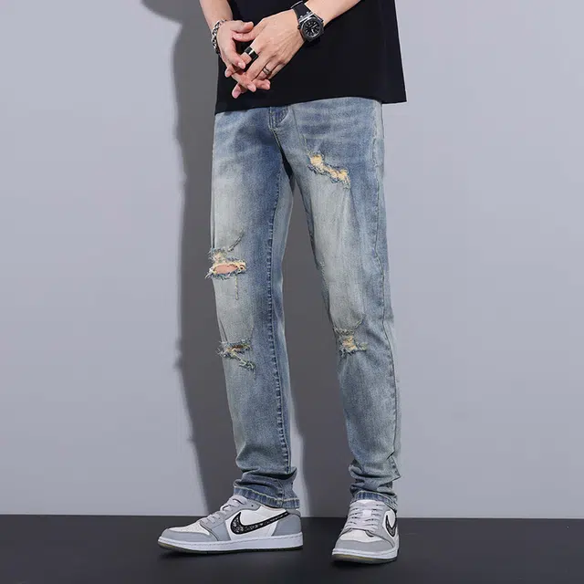 雅鹿 破洞修身水洗做旧休闲薄款直筒牛仔裤 男款 牛仔蓝
