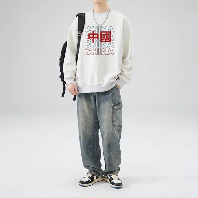 雅鹿 国潮圆领中国风上衣潮牌无帽外套卫衣 男款
