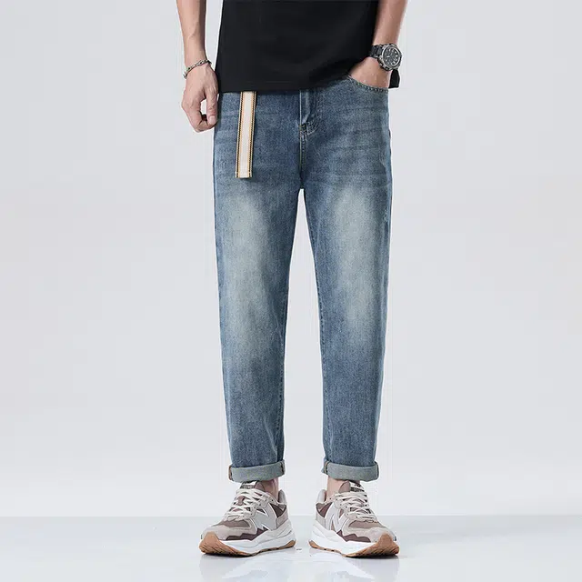 雅鹿 水洗弹力宽松直筒百搭牛仔裤 男款 蓝色