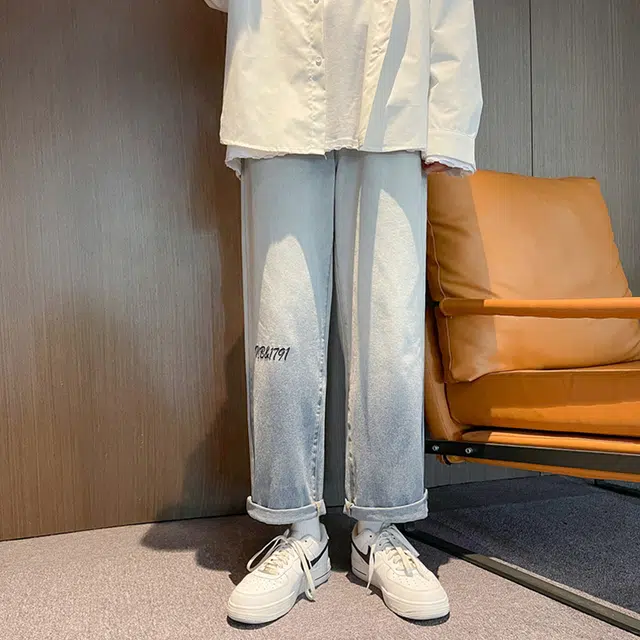 雅鹿 美式高街渐变宽松直筒阔腿休闲牛仔裤 男女同款