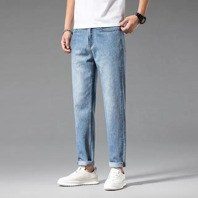 雅鹿 美式休闲直筒水洗耐磨垂感百搭中腰九分牛仔裤 男款 浅蓝