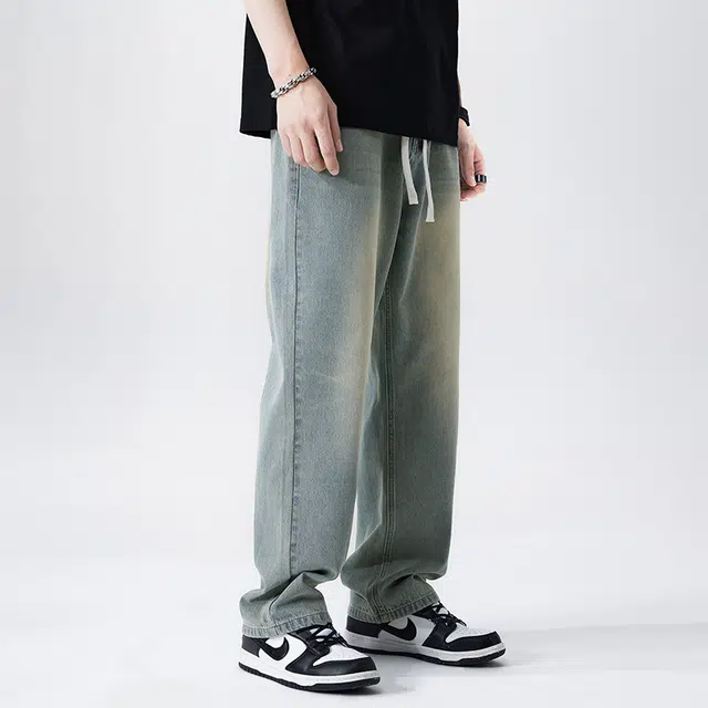 雅鹿 直筒中腰宽松水洗牛仔裤 男款