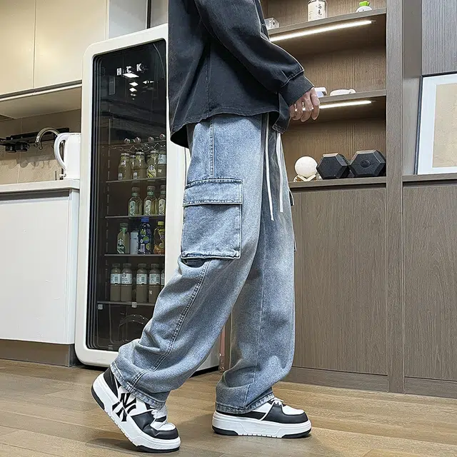 雅鹿 美式复古工装百搭系带宽松牛仔裤 男款