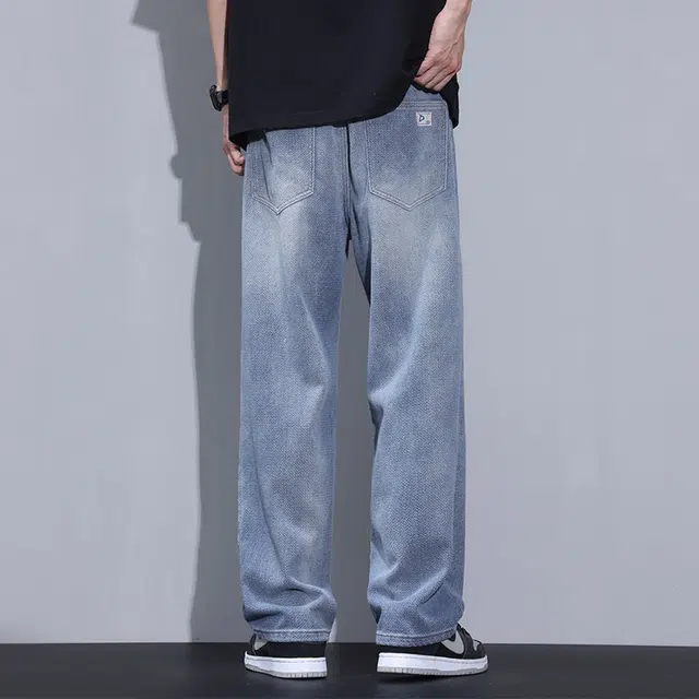 雅鹿 宽松阔腿百搭直筒复古水洗耐磨中腰做旧牛仔裤 男款