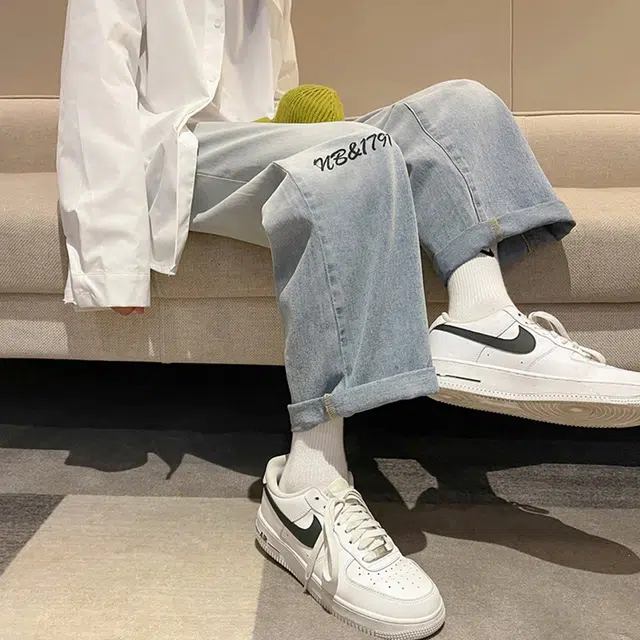 雅鹿 美式高街渐变宽松直筒阔腿休闲牛仔裤 男女同款