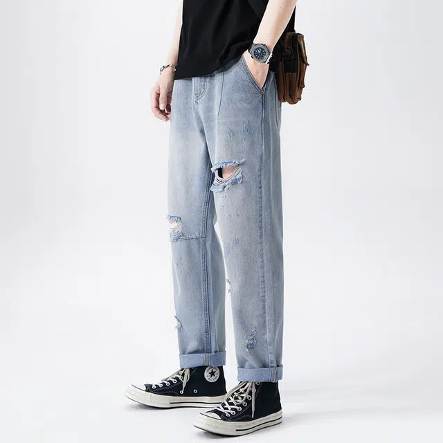 雅鹿 直筒宽松破洞水洗牛仔裤 男款 浅蓝