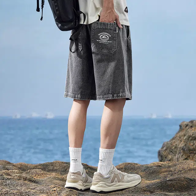 雅鹿 复古水洗做旧薄款宽松百搭五分牛仔短裤 男款