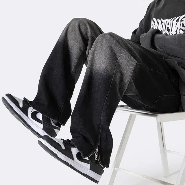 雅鹿 渐变百搭潮牌宽松阔腿百搭直筒休闲垂感显瘦水洗复古牛仔裤 男款 黑色