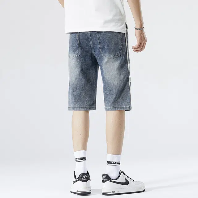 雅鹿 系带中腰时尚潮牌百搭水洗耐磨薄款高街五分牛仔短裤 男款 蓝灰
