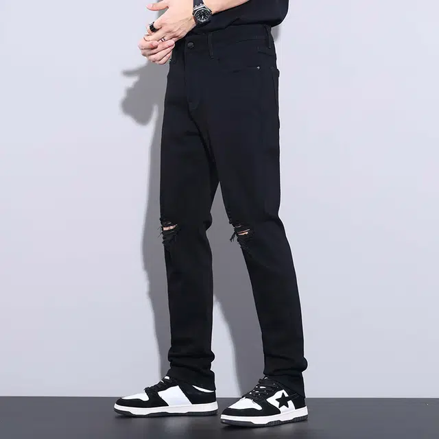 雅鹿 美式破洞直筒修身垂感薄款百搭牛仔裤 男款 黑色
