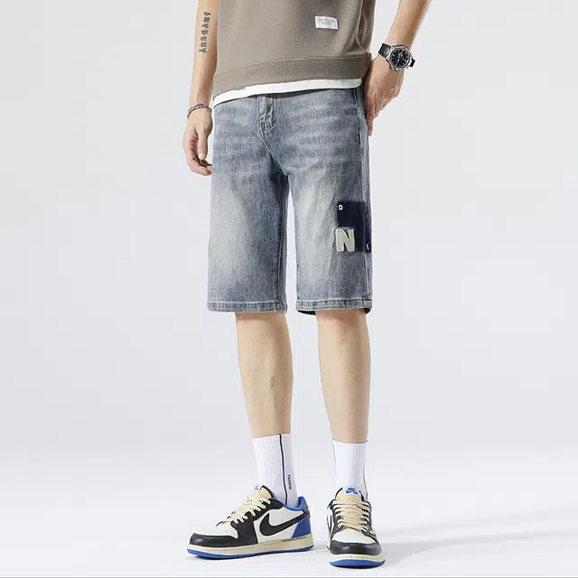 雅鹿 宽松潮牌百搭休闲字母印花水洗耐磨中腰牛仔短裤 男款 蓝色