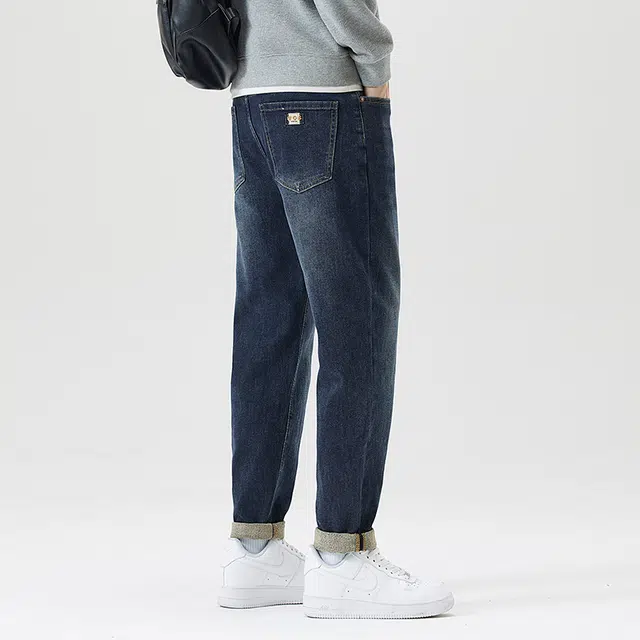 雅鹿 水洗复古休闲小直筒时尚潮流宽松百搭牛仔裤 男款 蓝色