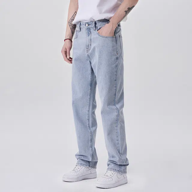雅鹿 休闲水洗耐磨美式高街百搭宽松直筒牛仔裤 男款 晴空蓝