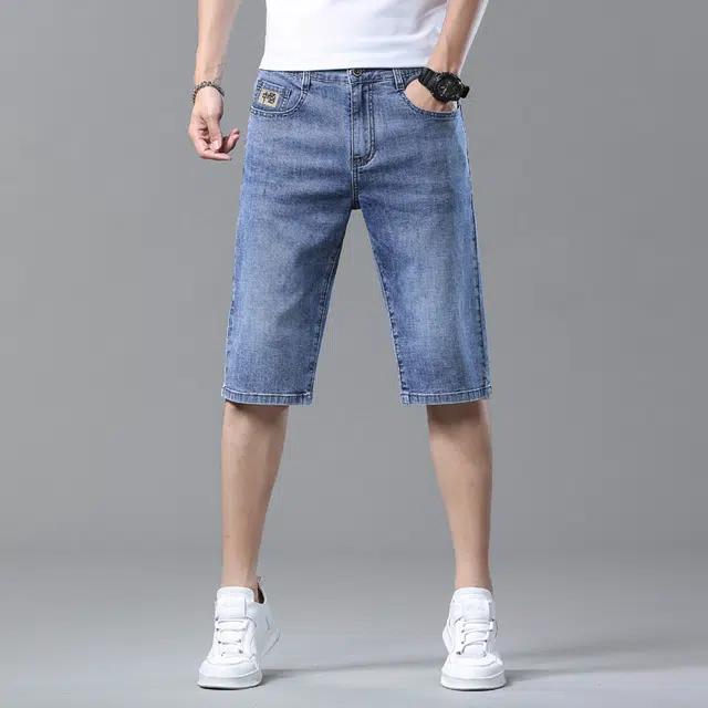 雅鹿 薄款直筒宽松休闲美式潮牌五分水洗耐磨牛仔短裤 男款 磨白蓝