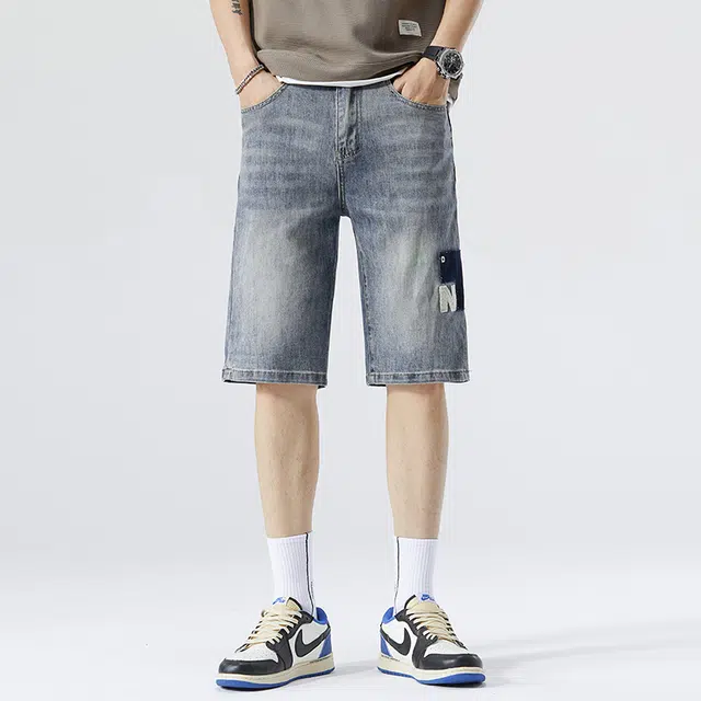 雅鹿 宽松潮牌百搭休闲字母印花水洗耐磨中腰牛仔短裤 男款 蓝色