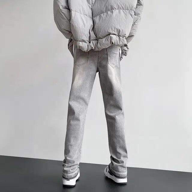 雅鹿 美式高街复古百搭直筒宽松水洗耐磨中腰牛仔裤 男款 浅烟灰