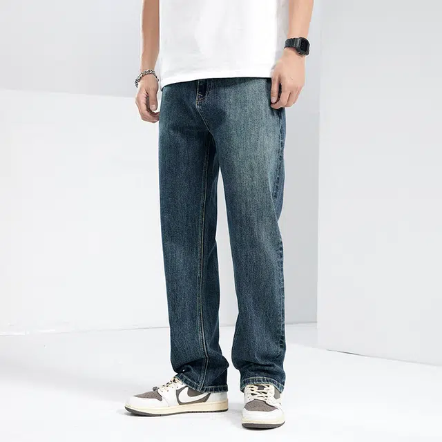 雅鹿 直筒百搭美式高街水洗做旧宽松牛仔裤 男款 蓝色