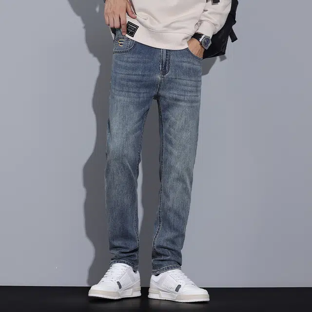 雅鹿 修身百搭直筒时尚潮流裤子牛仔裤 男款 蓝色