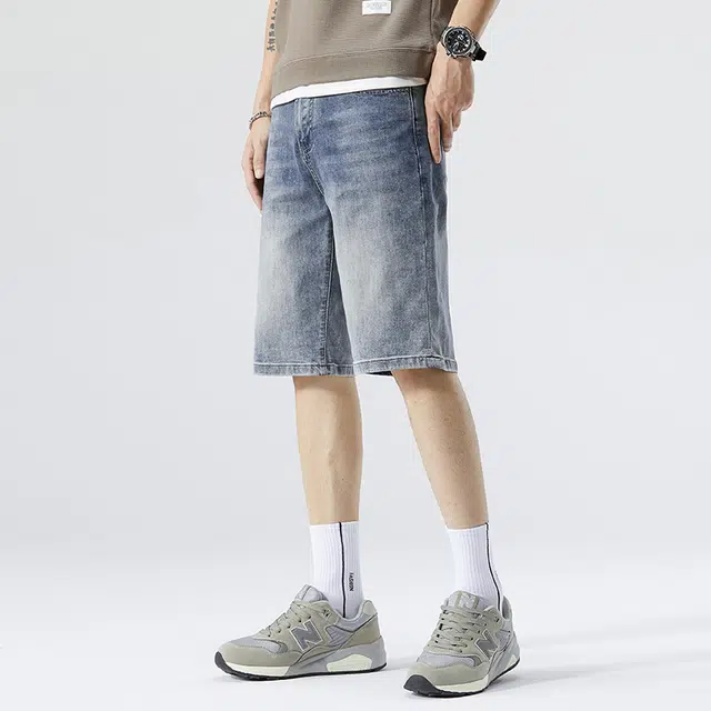 雅鹿 水洗中腰宽松直筒水洗耐磨牛仔短裤 男款 蓝色