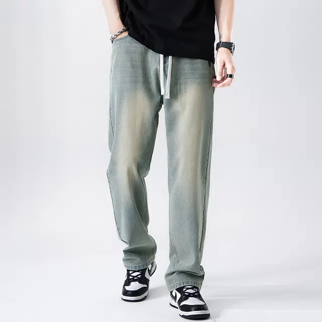 雅鹿 直筒中腰宽松水洗牛仔裤 男款