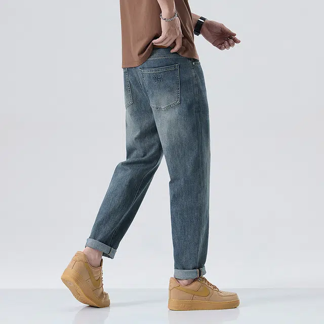 雅鹿 直筒九分中腰拉链牛仔裤 男款 蓝色