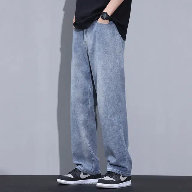 雅鹿 宽松阔腿百搭直筒复古水洗耐磨中腰做旧牛仔裤 男款