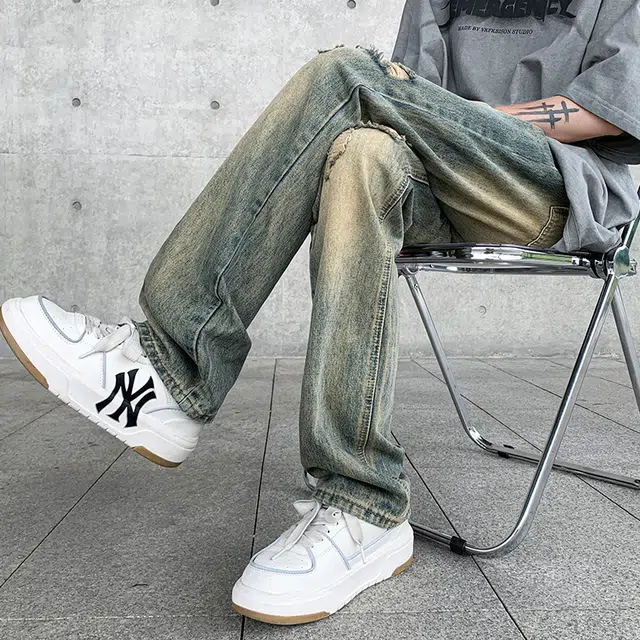 雅鹿 美式复古破洞百搭休闲水洗耐磨宽松直筒垂感牛仔裤 男款 泥黄