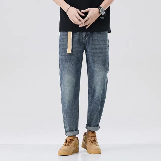 雅鹿 美式复古休闲宽松直筒牛仔裤 男款 蓝色